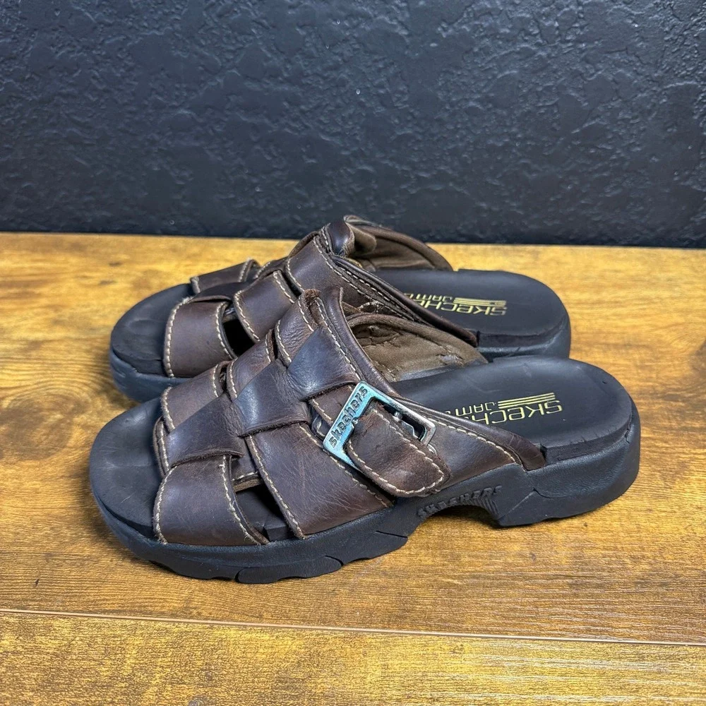 Skechers Jam Ups Brown Leather Fisherman Slide Sandals Womens 5 - Picture 3 of 6